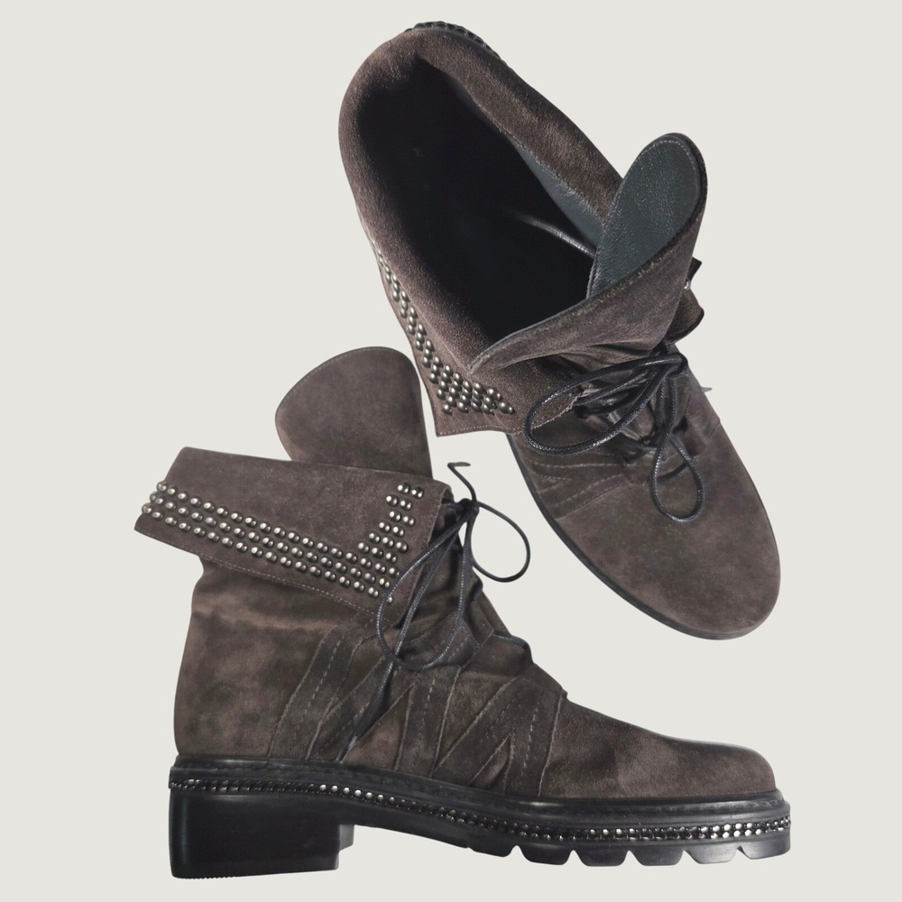 Stuart‎ Weitzman Brown Suede Studded Fold Over Combat Boots 50400 Womens 6 M